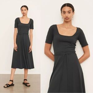 Vince • Short Sleeve Square-Neck Dress midi a-line tie waist jersey knit stretch